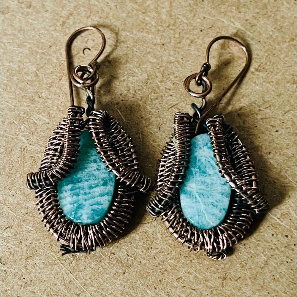Elegant Copper wire wrapped Amazonite Earrings